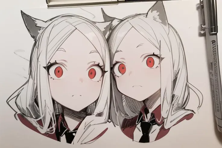 ((best quality)), ((highly detailed)), masterpiece, ((official art)), detailed face, beautiful face, (detailed eyes, deep eyes), cerberus \(helltaker\), 3girls, white hair, long hair, (red eyes), dog girl, demon tail, medium breasts, suit, red shirt, waistcoat, necktie, pants, belt, gloves,love,a pencil at the edge of the drawing,
<lora:pensketch_lora_v2.3:1>,(1girl:1.33)
penSketch_style, ink sketch, <lora:cerberusHelltaker_v10:0.8>