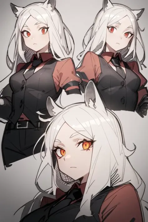((best quality)), ((highly detailed)), masterpiece, ((official art)), detailed face, beautiful face, (detailed eyes, deep eyes), cerberus \(helltaker\), 3girls, white hair, long hair, (red eyes), dog girl, demon tail, medium breasts, suit, red shirt, waistcoat, necktie, pants, belt, gloves,
<lora:pensketch_lora_v2.3:1>,
penSketch_style, ink sketch, <lora:cerberusHelltaker_v10:0.8>
