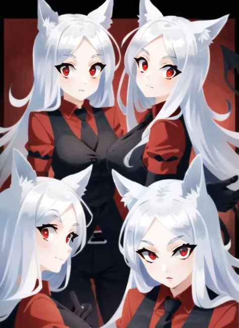((best quality)), ((highly detailed)), masterpiece, (detailed eyes, deep eyes), (1girl), <lora:noline:1>, <lora:cerberusHelltaker_v10:1>, cerberus \(helltaker\), white hair, long hair, (red eyes), dog ears, demon tail, medium breasts, suit, red shirt, black vest, necktie, black pants, black belt, black gloves