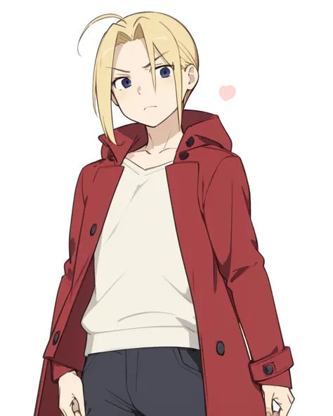 (masterpiece, best quality:1.1), 1boy, solo, male focus, (edward elric:1.05), from fullmetal alchemist, blonde hair, long hair, red coat, black pants, silver automail arm, (simple background:0.8)