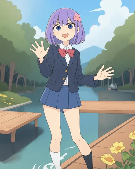 (masterpiece, best quality:1.1), 1girl, solo, (flat color:1.1), medium breasts, lavender eyes, looking at viewer, school uniform, skirt, standing, crossed legs, hand up, waving, on a wooden dock jutting into a serene lake, you sit with your legs crossed, a book in hand, spotting a friend on a passing boat, you raise your hand in a wave, the ripples of the water reflecting the joy on your face, day, blooming, floral, medium hair, center-parted, hair ornament, charmed, (simple background:0.3), (solid circle eyes:0.7)