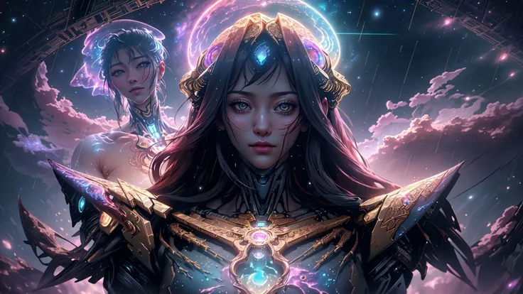 an award winning photograph of a woman,halo,intricate cyberpunk robot,highly detailed,soft bokeh Deep space nebula background,art by mooncryptowow and popular science <lora:wowifierV3:1>,dynamic angle,triadic lighting,(<lora:rain_style:0.6> rain style),