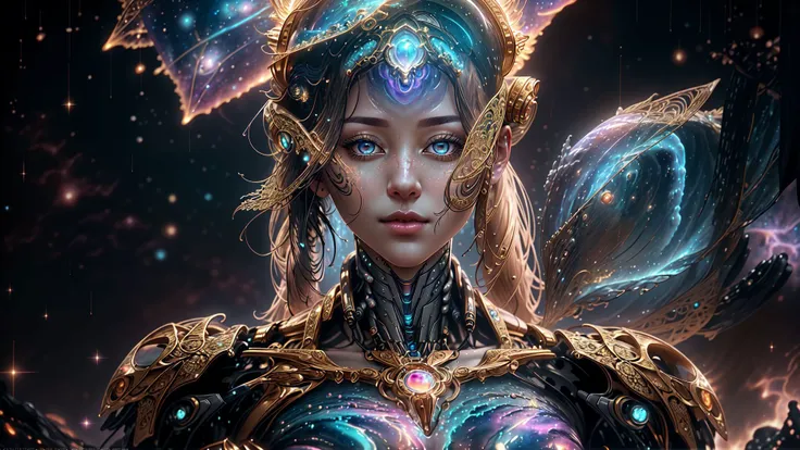 an award winning photograph of a woman,halo,intricate cyberpunk robot,highly detailed,soft bokeh Deep space nebula background,art by mooncryptowow and popular science <lora:wowifierV3:1>,triadic lighting,(<lora:rain_style:0.6> rain style),looking at viewer,solo,solo focus,