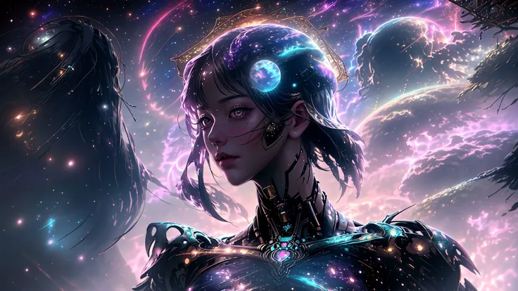 an award winning photograph of a woman,halo,intricate cyberpunk robot,highly detailed,soft bokeh Deep space nebula background,art by mooncryptowow and popular science <lora:wowifierV3:1>,dynamic angle,triadic lighting,<lora:rain_style:1> rain style,