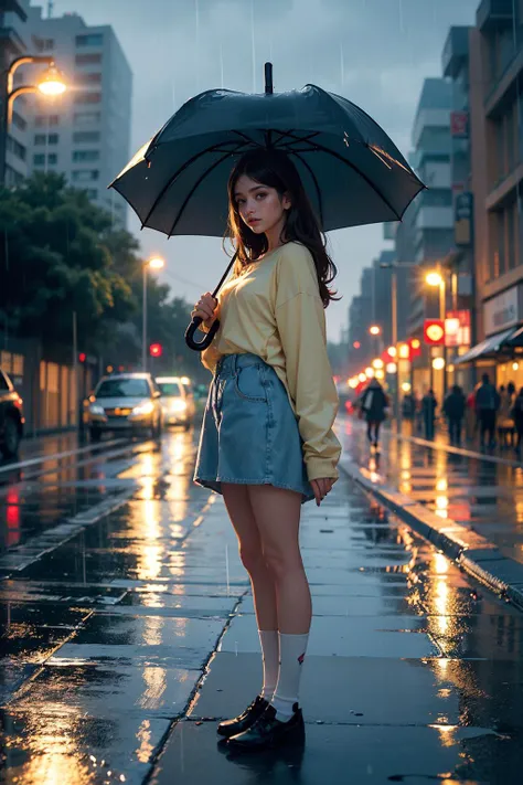 (((holding umbrella))), (full body shot) 22 year old Spanish woman, ((getting rained on)), (((standing in the rain))) (((holding umbrella))), long golden brown hair, green eyes, ((wearing an oversized shirt, socks with high--tops)), (best quality, masterpiece:1.2), (photo-realistic), cute, cityscape, night, lots of rain, wet, photon mapping, radiosity, physically-based rendering <lora:rain_style:0.4>