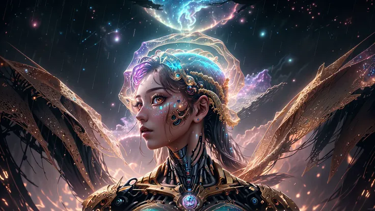 an award winning photograph of a woman,halo,intricate cyberpunk robot,highly detailed,soft bokeh Deep space nebula background,art by mooncryptowow and popular science <lora:wowifierV3:1>,triadic lighting,(<lora:rain_style:0.6> rain style),looking at viewer,solo,solo focus,