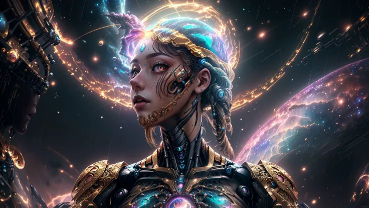 an award winning photograph of a woman,halo,intricate cyberpunk robot,highly detailed,soft bokeh Deep space nebula background,art by mooncryptowow and popular science <lora:wowifierV3:1>,dynamic angle,triadic lighting,(<lora:rain_style:0.6> rain style),facing viewer,