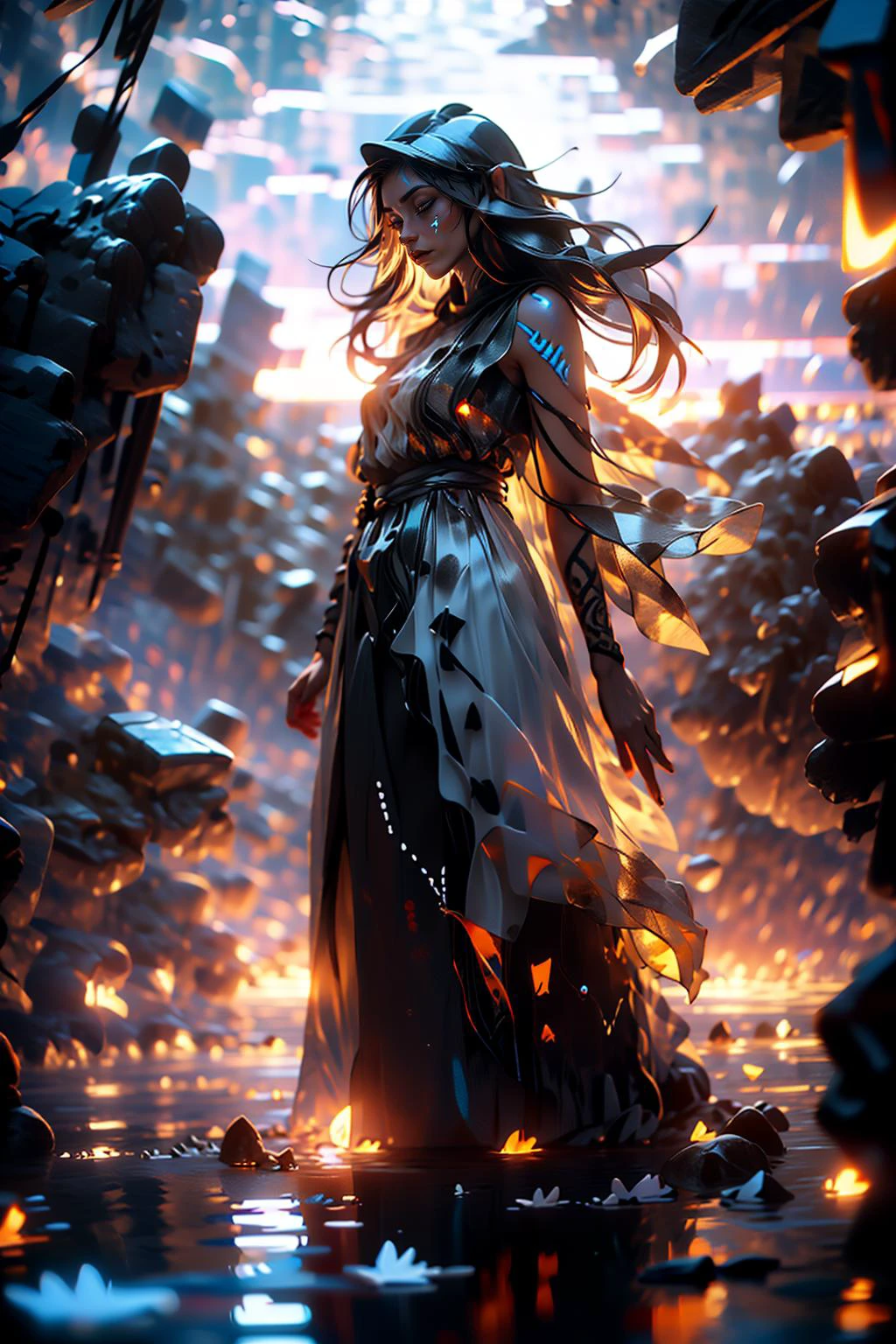 (full body:1.2), (Smokexxx:1.4), (1girl:1.2, body covered in words, words on body:1.1, tattoos of (words) on body:1.2), (masterpiece:1.4, best quality), perfect skin, colorful long flowing hair, medium breasts, glowing eyes, (intricate details), unity 8k wallpaper, ultra detailed, (pastel colors:1.3), beautiful and aesthetic, silk (clothes), detailed, solo, <lora:midjourney_20230624181825:0.4> <lora:stylized_3dcg_v4-epoch:0.4>,(EnergyVeins:1.5),<lora:EnergyVeins:1>,((floating on water)), <lora:smokeanywhere:1> broken glass everywhere, <lora:ShardsV1:1> <lora:rain_style:1>