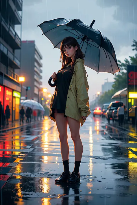 (((holding umbrella))), (full body shot) 22 year old Spanish woman, ((getting rained on)), (((standing in the rain))) (((holding umbrella))), long golden brown hair, green eyes, ((wearing an oversized shirt, socks with high--tops)), (best quality, masterpiece:1.2), (photo-realistic), cute, cityscape, night, lots of rain, wet, photon mapping, radiosity, physically-based rendering <lora:rain_style:0.4>