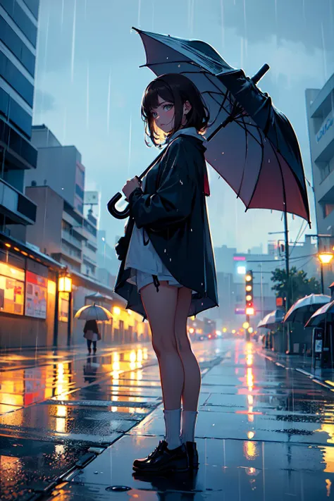 (((holding umbrella))), (full body shot) 22 year old Spanish woman, ((getting rained on)), (((standing in the rain))) (((holding umbrella))), long golden brown hair, green eyes, ((wearing an oversized shirt, socks with high--tops)), (best quality, masterpiece:1.2), (photo-realistic), cute, cityscape, night, lots of rain, wet, photon mapping, radiosity, physically-based rendering <lora:rain_style:0.4>