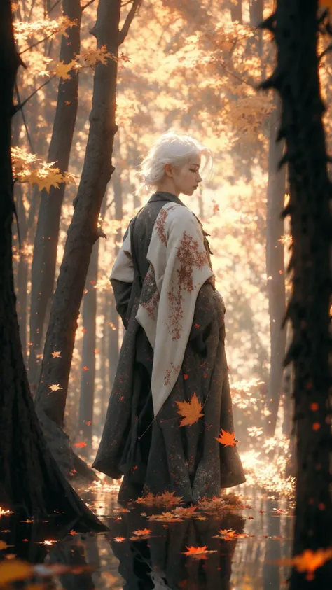 highres ,1girl, <lora:Chinese style_20230607154437-000017:0.7>, <lora:rain_style:0.8>, rain style, sunlight, light, puddle, beautiful lighting, blowing, reflection, autumn leaves, maple leaf, red particles, from behind, white hair, depth of field, forest, very wide shot,