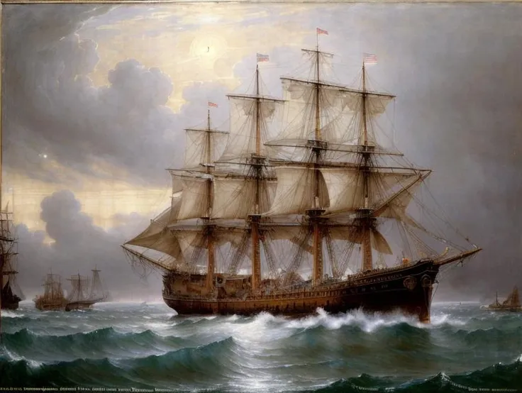 CLASSICSTYLE, (absurdres, biggest quality, masterpiece) a ship in the ocean in the sea in the middle of the storm, fog, creepy, ambient, intrincate, trending in artstation, oil painting , <lora:more_details:0.5>