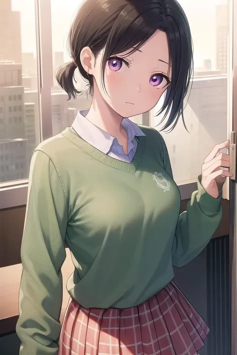 asahishounan, <lora:asahi shounan manga-lora-nochekaiser:1>,
asahi shounan, short hair, ponytail, (parted bangs:1.5), (pink eyes:1.3),
BREAK skirt, plaid, plaid skirt, sweater, long sleeves, shirt, white shirt, collared shirt, (green sweater:1.5),
BREAK indoors, classroom,
BREAK looking at viewer, (cowboy shot:1.5),
BREAK <lyco:GoodHands-beta2:1>, (masterpiece:1.2), best quality, high resolution, unity 8k wallpaper, (illustration:0.8), (beautiful detailed eyes:1.6), extremely detailed face, perfect lighting, extremely detailed CG, (perfect hands, perfect anatomy),