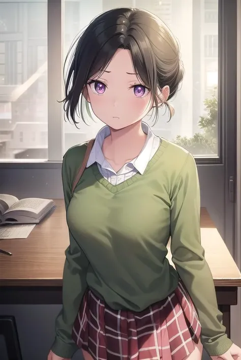 asahishounan, <lora:asahi shounan manga-lora-nochekaiser:1>,
asahi shounan, short hair, ponytail, (parted bangs:1.5), (pink eyes:1.3),
BREAK skirt, plaid, plaid skirt, sweater, long sleeves, shirt, white shirt, collared shirt, (green sweater:1.5),
BREAK indoors, classroom,
BREAK looking at viewer, (cowboy shot:1.5),
BREAK <lyco:GoodHands-beta2:1>, (masterpiece:1.2), best quality, high resolution, unity 8k wallpaper, (illustration:0.8), (beautiful detailed eyes:1.6), extremely detailed face, perfect lighting, extremely detailed CG, (perfect hands, perfect anatomy),