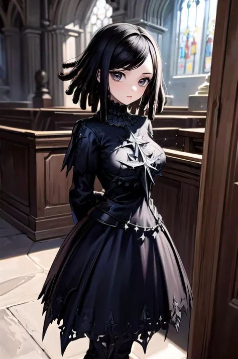 (masterpiece, best quality, detailed), 1girl, solo, looking at viewer, <lora:amaryllis-nvwls-v1:1>, amaryllis, ((dreadlocks)), medium hair, <lora:edgBlackMage:1>, edgBlkMage, wearing edgBlkMage, black dress, indoors, church, sunlight, light rays, (light particles), arms behind back, gothic architecture, pillar, arch, altar, candle, closed mouth