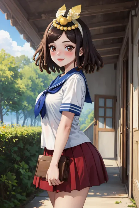 masterpiece, best quality, 1girl, solo <lora:amaryllis-nvwls-v1-000009:0.8> amaryllis, dreadlocks, medium hair, headdress, blue sailor collar, white shirt, short sleeves, red skirt, smile, looking at viewer, blush, hallway