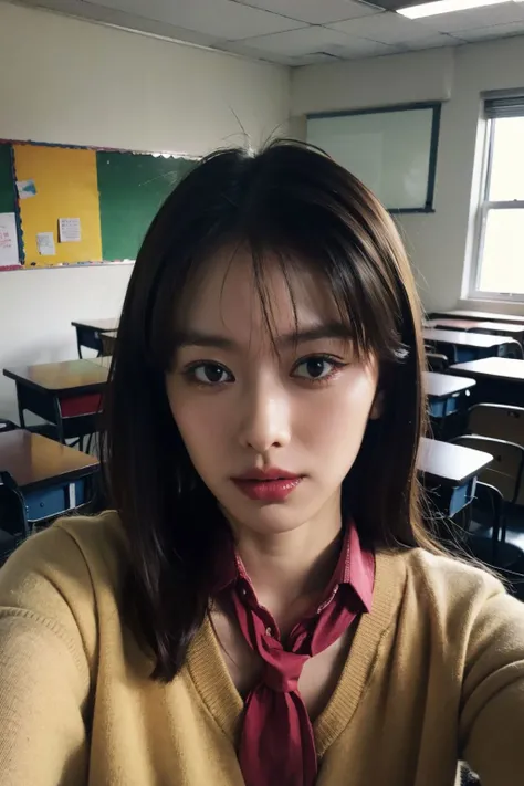 a photo portrait of yamamotomaika, in the classroom, <lora:yamamotomaika-15:0.9>