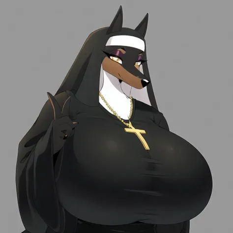 best quality, highest quality, masterpiece, high resolution, clean picture, smooth picture, high details, symmetrical, simple background,
furry, furry female, yellow eyes, makeup, eyeshadow, snout, animal nose, dog ears,
nun, (black robe, black habit, black clothing), cross, necklace,
huge breasts,
<lora:Laverne-V02:1>