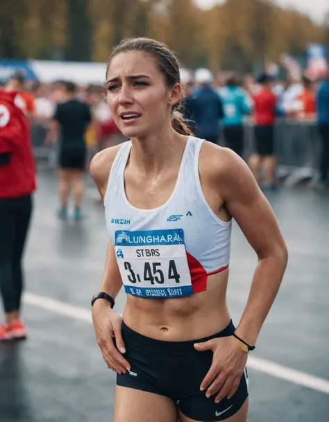 cinematic full body photo of a young woman crying with tears <lora:tearsXL:0.7> wearing running outfit at the finish line of a marathon . 35mm photograph, film, bokeh, professional, 4k, highly detailed
