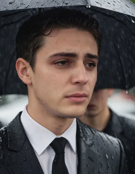 cinematic photo of a young man crying with tears <lora:tearsXL:0.7> wearing a black suit in the rain at a funeral . 35mm photograph, film, bokeh, professional, 4k, highly detailed