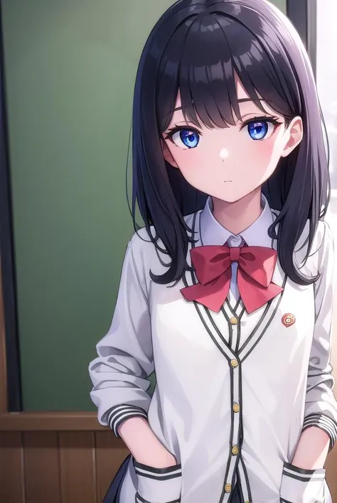 rikkatakarada, <lyco:rikkatakarada-lyco-nochekaiser:1>,
rikka takarada, black hair, blue eyes, long hair, orange scrunchie, scrunchie, wrist scrunchie
BREAK black footwear, black skirt, bow, bowtie, buttons, cardigan, collared shirt, long sleeves, microskirt, pleated skirt, red bow, red bowtie, red socks, school uniform, shirt, shoes, skirt, socks, thighs, (white cardigan:1.5), white shirt,
BREAK indoors, classroom,
BREAK looking at viewer, (cowboy shot:1.5),
BREAK <lyco:GoodHands-beta2:1>, (masterpiece:1.2), best quality, high resolution, unity 8k wallpaper, (illustration:0.8), (beautiful detailed eyes:1.6), extremely detailed face, perfect lighting, extremely detailed CG, (perfect hands, perfect anatomy),
