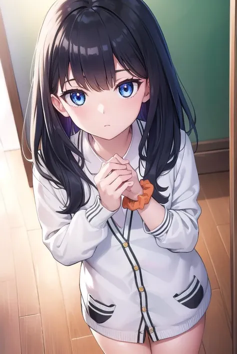 rikkatakarada, <lyco:rikkatakarada-lyco-nochekaiser:1>,
rikka takarada, black hair, blue eyes, long hair, orange scrunchie, scrunchie, wrist scrunchie
BREAK black footwear, black skirt, bow, bowtie, buttons, cardigan, collared shirt, long sleeves, microskirt, pleated skirt, red bow, red bowtie, red socks, school uniform, shirt, shoes, skirt, socks, thighs, (white cardigan:1.5), white shirt,
BREAK indoors, classroom,
BREAK looking at viewer, (cowboy shot:1.5),
BREAK <lyco:GoodHands-beta2:1>, (masterpiece:1.2), best quality, high resolution, unity 8k wallpaper, (illustration:0.8), (beautiful detailed eyes:1.6), extremely detailed face, perfect lighting, extremely detailed CG, (perfect hands, perfect anatomy),