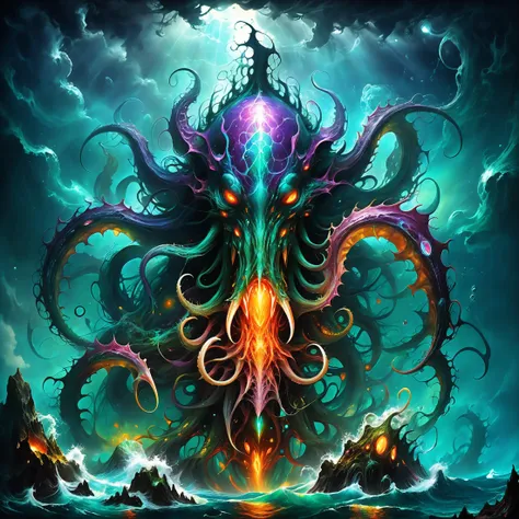 <lora:xl_more_art-full-xl:1.0>, <lora:add-detail-xl:2.0>, <lora:style-envyarcanexl01-xl:0.4>, arcane, <lora:style-envyawesomizexl01-xl:0.6>, awesomize, <lora:style-envyfantasticxl01-xl:0.6>, fantastic, <lora:style-envyprimordialxl01-xl:0.8>, primordial, <lora:style-envymagicalxl01-xl:0.6>, magical, famous artwork (by archan nair:1.2), (dramatic scene:1.4), (fractal art:0.3), fantasy style, this image shows the colossal kraken-like monstrosity known as the "temporal plerkfluff" as it smirkles from the regorbified depths of a churning, otherworldly glowing sea under a dramatic tempestuous sky, it is surrounded by the typical jagged fractal crystal formations on the zibzorbled shore of the water-rich planet blumsnorf ii, superstitious life forms consider it a "bringer of nightmares", ultra detailed