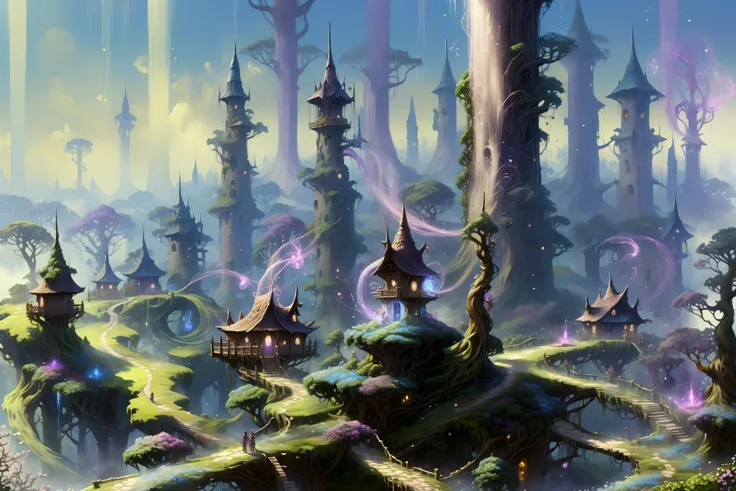 clearing in the forest, elven tree houses, floating_translucent_arcane_swirls, people doing chores, mist, blue_magic_glow, bush, flowers, ivy, vines, <lora:add-detail-xl:1> misc, <lora:DonMW15pXL:0.6> DonMW15pXL <lora:Retro_Illustration:1> 2d game scene, oil and watercolor painting <lora:EnvyFantasticXL01:1> fantastic, (masterpiece:1.2), best quality, (hyperdetailed, highest detailed:1.2), high resolution textures, <lora:EnvyBetterHiresFixXL01:1>