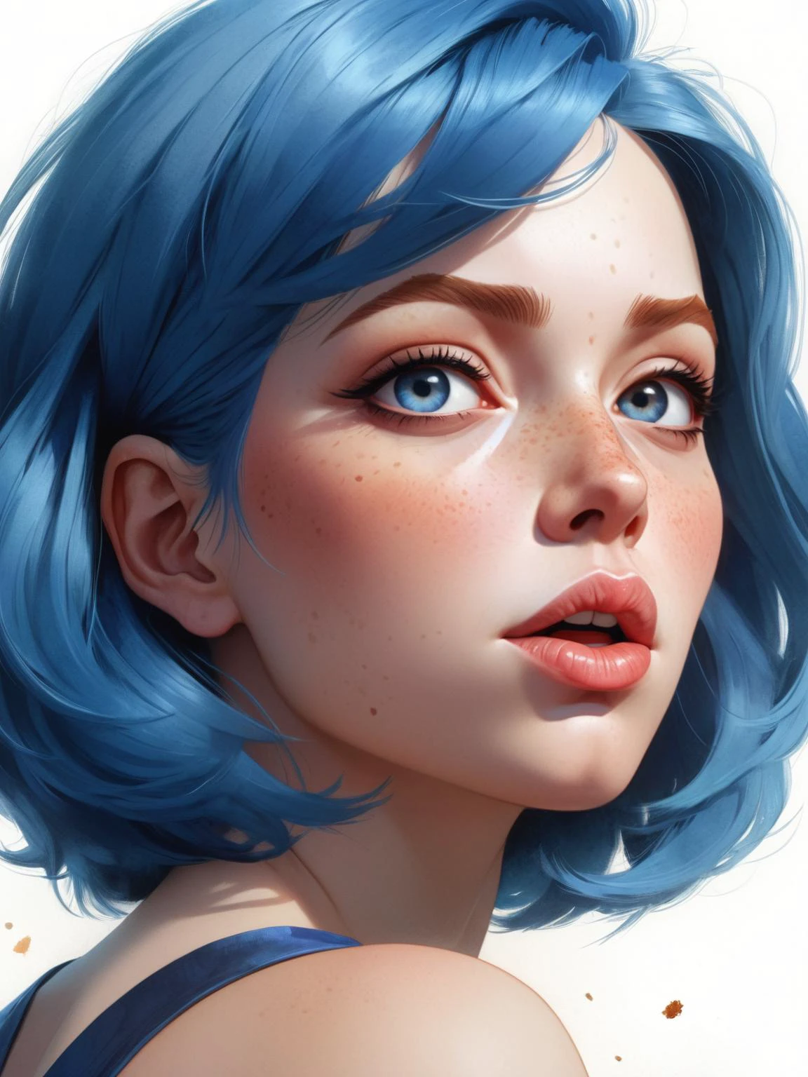 kissing lips woman by Rossdraws, freckles, blue hair, watercolor painting by Wlop and Jan Vermeer, intricate, cinematic lighting, highly detailed, smooth, arcane, amazing beauty, complementary colors, dynamic masterwork by head of prompt engineering <lora:arcane_xl:0.6>