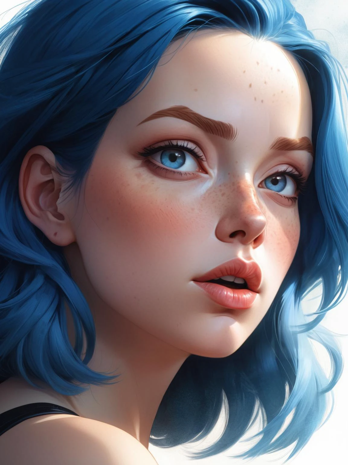 kissing lips woman by Rossdraws, freckles, blue hair, watercolor painting by Wlop and Jan Vermeer, intricate, cinematic lighting, highly detailed, smooth, arcane, amazing beauty, complementary colors, dynamic masterwork by head of prompt engineering <lora:arcane_xl:0.6>