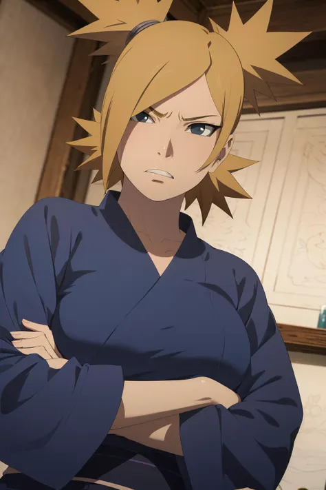 masterpiece, absurdres , (intricate details), (colorful),cinematic lighting,bust shot,extremely detailed CG unity 8k wallpaper,temari\(boruto\), 1girl,solo, medium breasts,blue kimono,crossed arms, looking at viewer, dutch angle, angry, frown, shaded face, clenched teeth,  indoors, from below, <lora:Temari[Boruto][V2.1]:0.8>