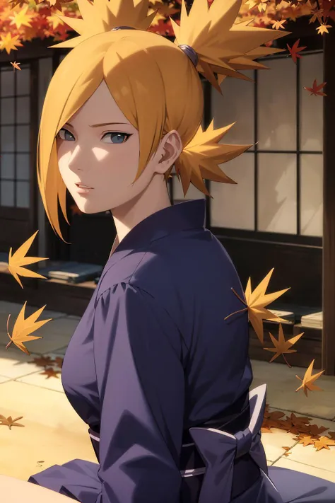 masterpiece, absurdres , (intricate details), (colorful),cinematic lighting,bust shot,extremely detailed CG unity 8k wallpaper,temari\(boruto\), 1girl, mature female,blue kimono,  sitting, outdoors, (falling leaves:1.3), autumn leaves, (autumn), sunlight, maple tree, parted lips,wind,  looking at viewer,  <lora:Temari[Boruto][V2.1]:0.8>