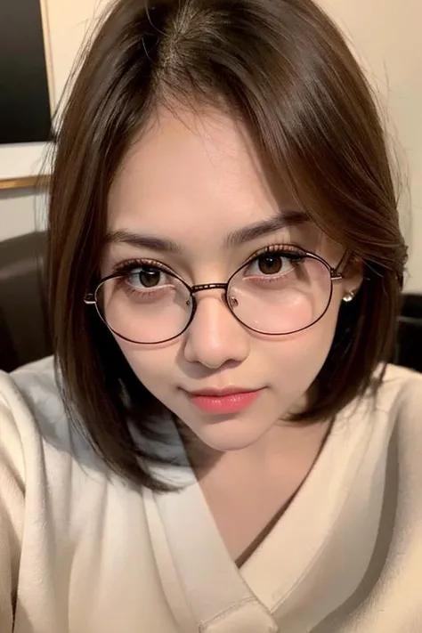 (8k, RAW photo, best quality, masterpiece:1.2), (realistic, photo-realistic:1.37), chikajkt48, <lora:chikajkt48:0.8>, <lora:koreanDollLikeness_v20:0.2>, ((pureerosface_v1:0.4)),1girl, (glasses:1.4), selfie, brown_eyes, brown_hair, (short hair:1.6), closed_mouth, lips, long_hair, looking_at_viewer, realistic, smile, solo,