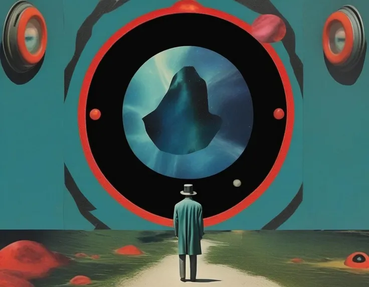 collage style a mysterious man, portal to another world <lora:collageXL1.0:1>