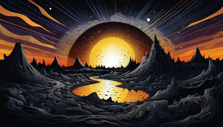 Landscape, night, solar eclipse, disappearance, special aura, detailed, chaotic drawing style