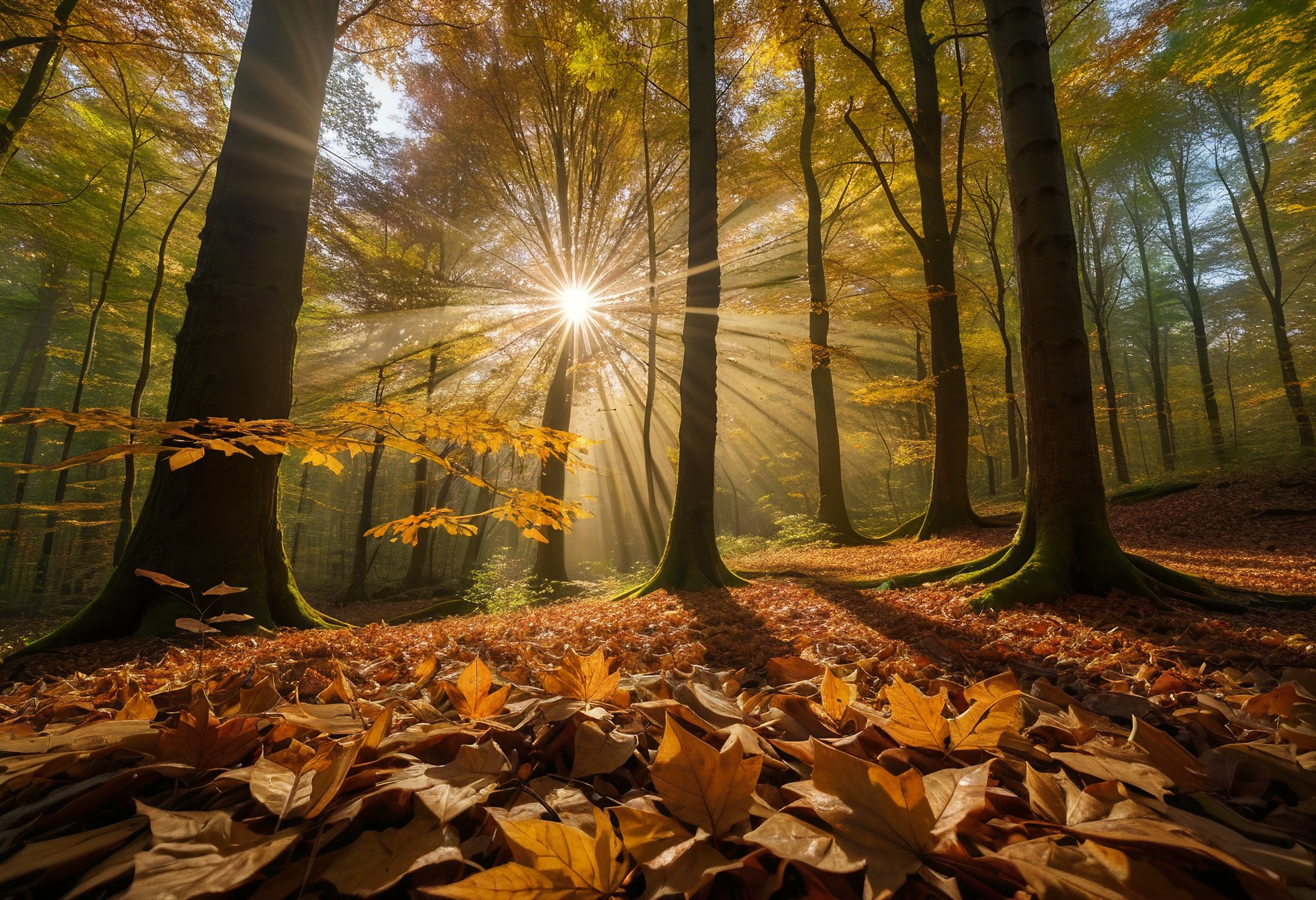 a macro photograph, 50mm wide angle lens, canon, of an autumn forest, god rays shining through the trees, 8k, realistic, FUJIFILM, diffuse lighting, detailed foliage