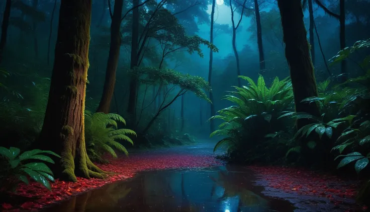 vivid and enchanting, rainy night, forest, serene, tall trees shrouded in darkness, brilliant colors, dimly lit sky, raindrops are illuminated by soft moonlight, cascade down through the leaves, forest floor adorned with glistening puddles reflecting the ambient glow, nocturnal landscape , sharp focus, smoke, realistic photo, 4 k resolution, blade runner