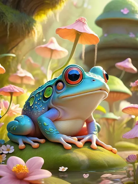 eldritch, frog, Amidst a realm of whimsical enchantment, a secret garden reveals, its intricate blossoms captivating the imagination, Being scattered by particles in the air intricate details, masterpiece, best quality, colorful, whimsical, <lora:[XL]Pixar_animal:0.8>