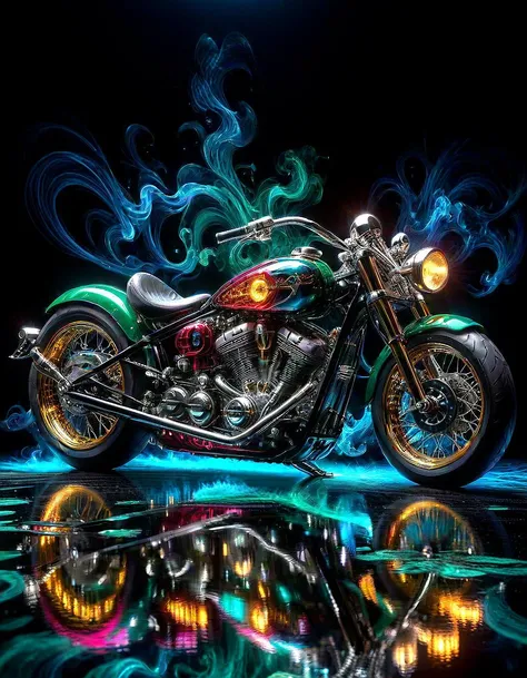 amber sparks reflections, closeup intricate motorcycle twin-v fatboy engine racer, 8k, ruby chrome headers, extremely detailed, shiny, radiate, blue highlights, sharp focus, solid black velvet background, solid black glass floor, dark green haze,