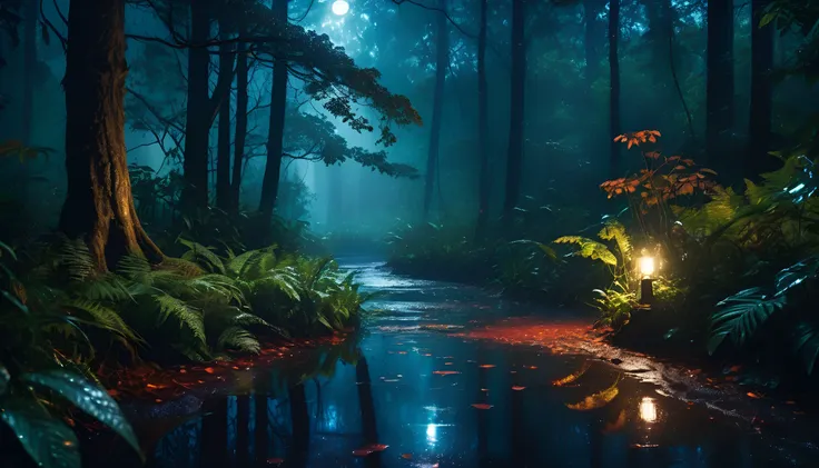  vivid and enchanting, rainy night, forest, serene, tall trees shrouded in darkness, brilliant colors, dimly lit sky, raindrops are illuminated by soft moonlight, cascade down through the leaves, forest floor adorned with glistening puddles reflecting the ambient glow, nocturnal landscape , sharp focus, smoke, realistic photo, 4 k resolution, blade runner