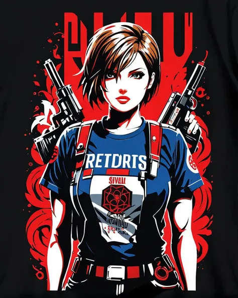 Tshirt_Design_Concept of a Feminine Resident Evil 2 (2019), art by artgerm, greg rutkowski and rachel m silva, three colors, <lora:Tshirt_Design_Concept_V1:1> amazing quality