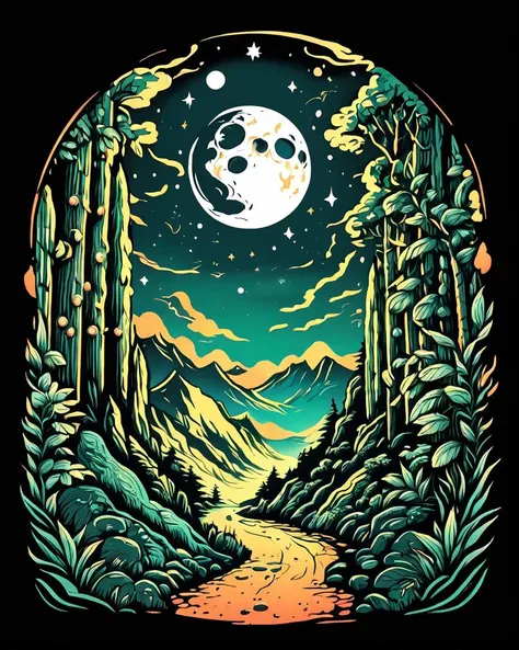 stylized by Kanzan Shimomura, William Whitaker, Tshirt_Design_Concept of a landscape of a Scenic ([Biosphere:Panama:1]:1.3) from inside of a Evergreen Forest, crowded dungeon and Lyra constellation in background, Moon in the night, Hopeful, Orton effect, Ilford XP2 400, F/8, Instagram, <lora:Tshirt_Design_Concept_V1:1> very intricate detailed, amazing quality