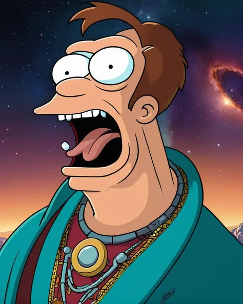 futurama style, portrait, behance,close up of a ([Ilaisa|Joseph]:1.3) , yawning, wearing 1990'S robe, his robe has Steel plates, Very wide view, Movie still, award winning, Voidpunk, <lora:Stablerama_SDXL:1>, very intricate detailed, amazing quality