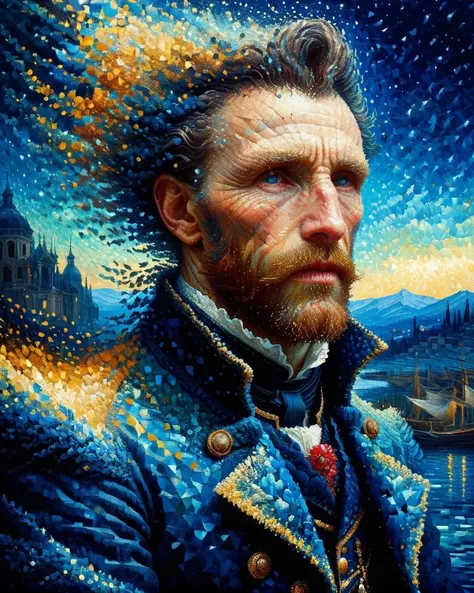 made of ral-pxlprtcl, baroque art by Vincent van Gogh, landscape art, Photograph, Breathtaking (Giuseppe:1.2) , Pilot, Navy Blue Cloak, sharp and in focus, Kodak portr400, 80mm, Vibrant Color, <lora:ral-pxlprtcl:1>, very detailed, amazing quality, intricate, cinematic light, highly detail, beautiful, surreal, dramatic