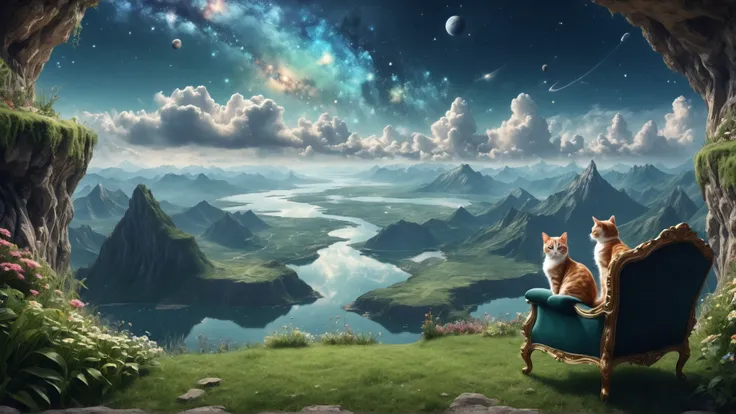 Mountains as far as the eye can see, rivers and lakes in the depth, the sky has clouds and galaxies in view, sitting on a cliff face with grass and plants around, a cat sitting on a ornate chair observing the landscape