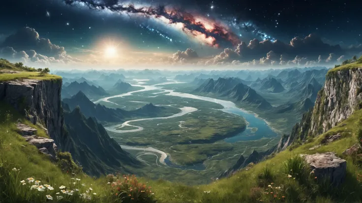 Mountains as far as the eye can see, rivers and lakes in the depth, the sky has clouds and galaxies in view, sitting on a cliff face with grass and plants around