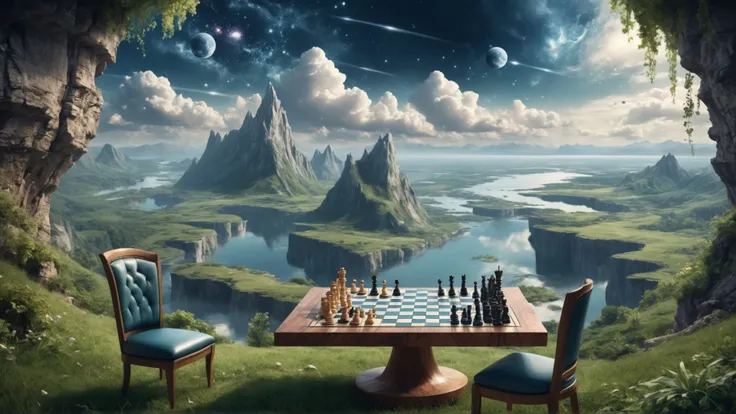 Mountains as far as the eye can see, rivers and lakes in the depth, the sky has clouds and galaxies in view, sitting on a cliff face with grass and plants around, a table and chair set with chess ontop