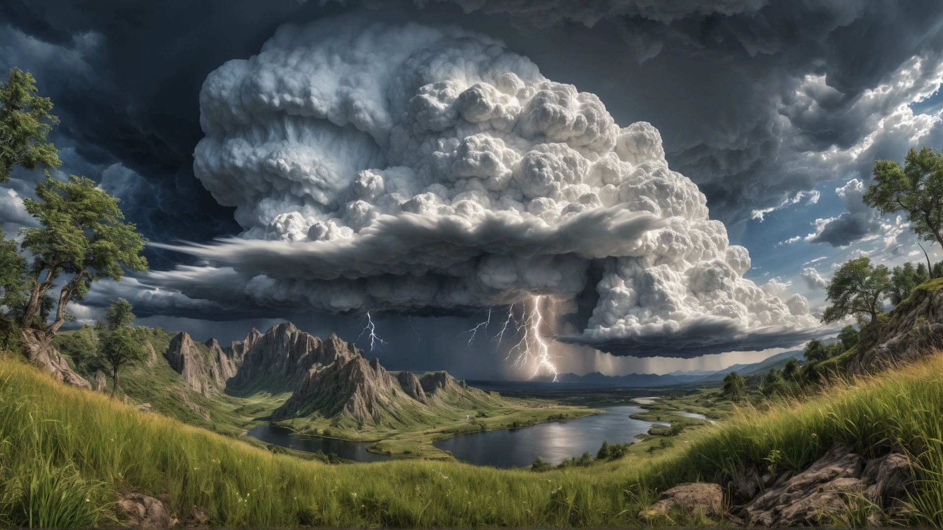intense cumulonimbus, featuring intricate details, high dynamic range, showcasing Klimczak s unique style, ready for post-processing, ultra fine, ultra realistic, lightning, Mountains as far as the eye can see, rivers and lakes in the depth, the sky has clouds and galaxies in view, sitting on a cliff face with grass and plants around