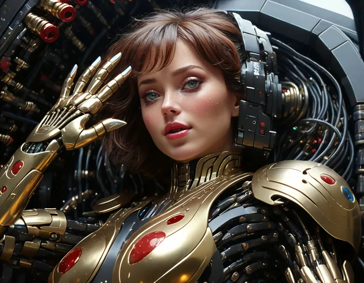 Natural oil painting, high perspective, close-up, photo of a cyber girl in steel armor in space ship, dynamic action heroic pose, visible mechanical steel organs, visible bones, red neon blood vessels, black Bob haircut, detailed fingers, wind, detailed face, detailed eyes and iris, liquid electric, huge liquid gold+black oil and droplets, cyberpunk techno style, psychedelic, dark noir style, masterpiece, studio lighting, soft shadows, hyper detailed, best quality, hyper detailed, hyper reallistic, (ultra realistic:2.0), fulcolor scheme, cinematic, sharp focus, shallow depth of field detailed background, HDR, ISO 100, 16k,