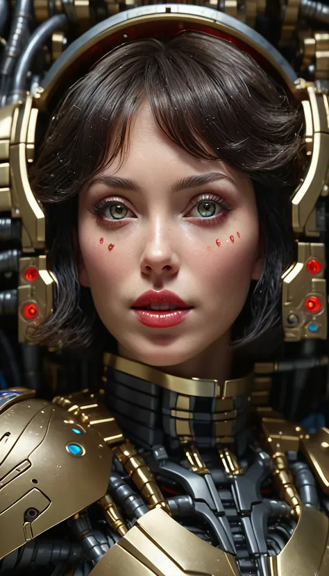 Woman only in gold body jewlry , ((flying on a board above the green wild jungle)) ((flying in the sky on the futuristic antigraviti hoverbord)), She flying, flying hoverbord, Highly Detailed Face and Skin Texture, big green eyes, juicy lips, bimbo lips, white skin, pale skin, fair complexion (afro curly Black hair), (pale skin), Detailed Eyes, Double Eyelids, afro curly black hair, gold metal cyberpunk tapes, metal Collar, metal gold futuristic ((vaginal piercing)), gold jewelry on wet body, wet skin. She is naked, puffy breast, gold substance on the body, White skin, she is on the futuristic cyberpunk flying disc drone in the jungle, futuristic cyberpunk pilot helmet on head. Piercing in the nose.